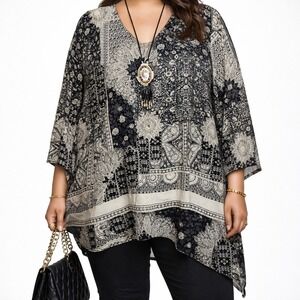 Unity World Wear Womens XL Navy Blue Beige Paisley Tunic Top Asymmetrical Hem